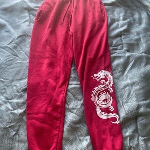 Red Joggers with White Dragon Print